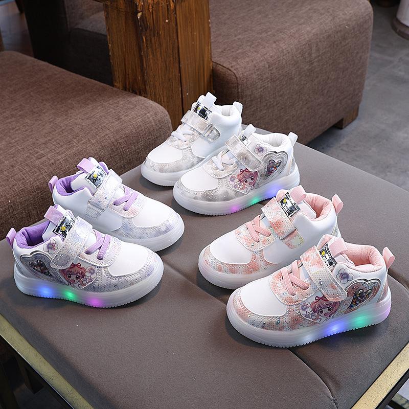 leather surface light shoes new children's shoes 1-6 years old girls' sneakers induction lamp light shoes kids' casual shoes soft bottom toddler shoes fashion