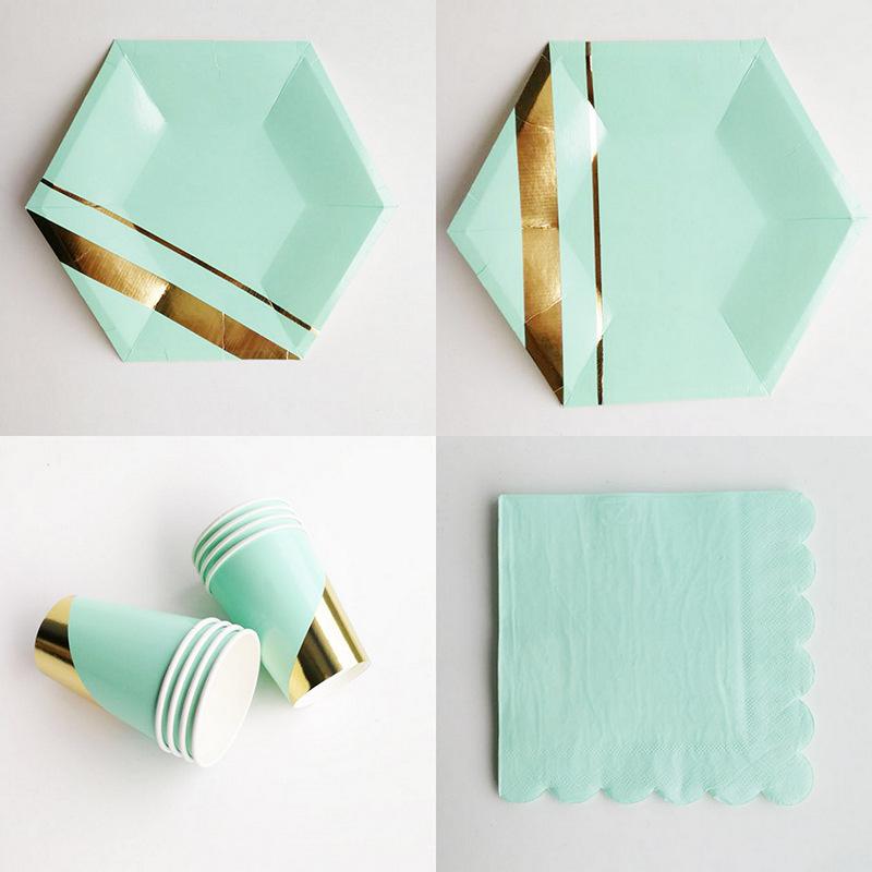 gilding hexagonal mint green paper pallet paper cup suit high-end disposable tableware birthday party cake dishes