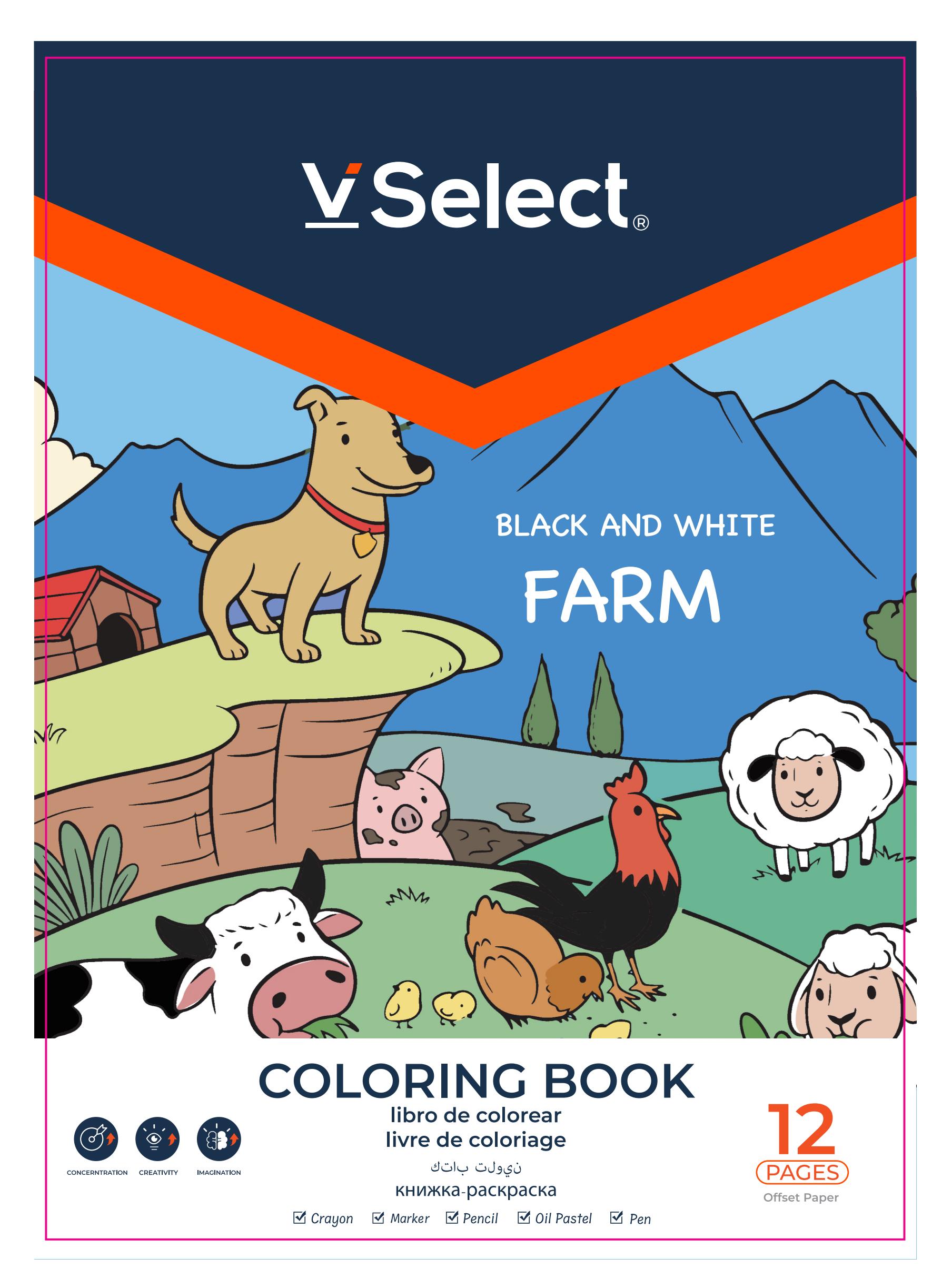Coloring book, black and white, 12 pages, special for farm export, minimum order quantity: one box