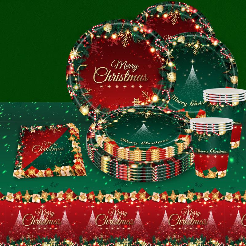 new christmas party red green christmas tree gift party suit disposable party paper pallet paper cup tablecloth details Picture