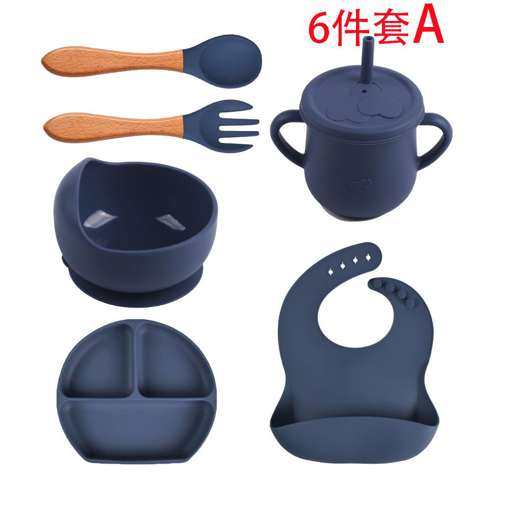 6 Pieces Babies' Tableware Set Silicone Bowl Smiling Face Dinner Plate Bib Baby Bowl Minute Format Dinner Plate Spoon Fork Cup Set