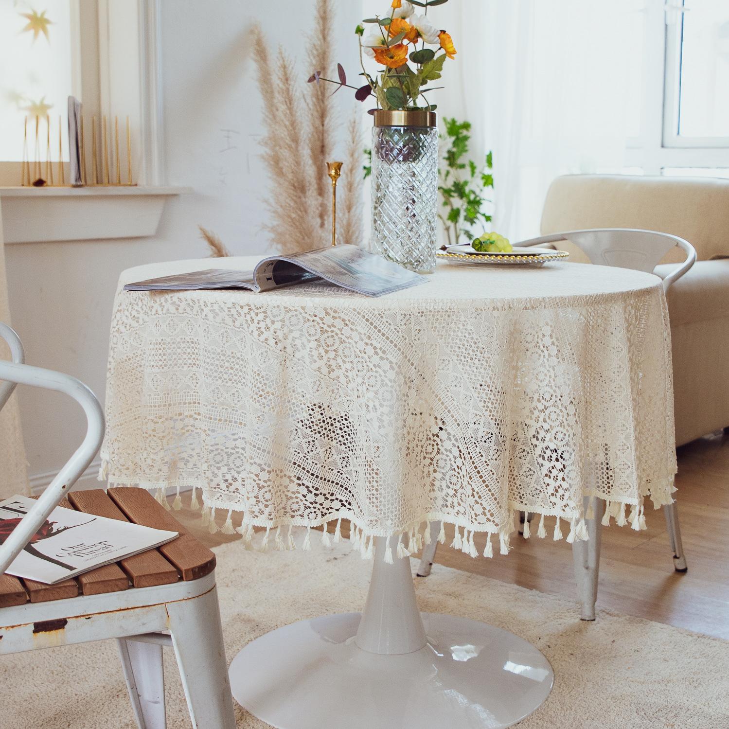 cross-border retro hollow lace cover cloth ins style rectangular white pastoral table cloth round table round small tablecloth