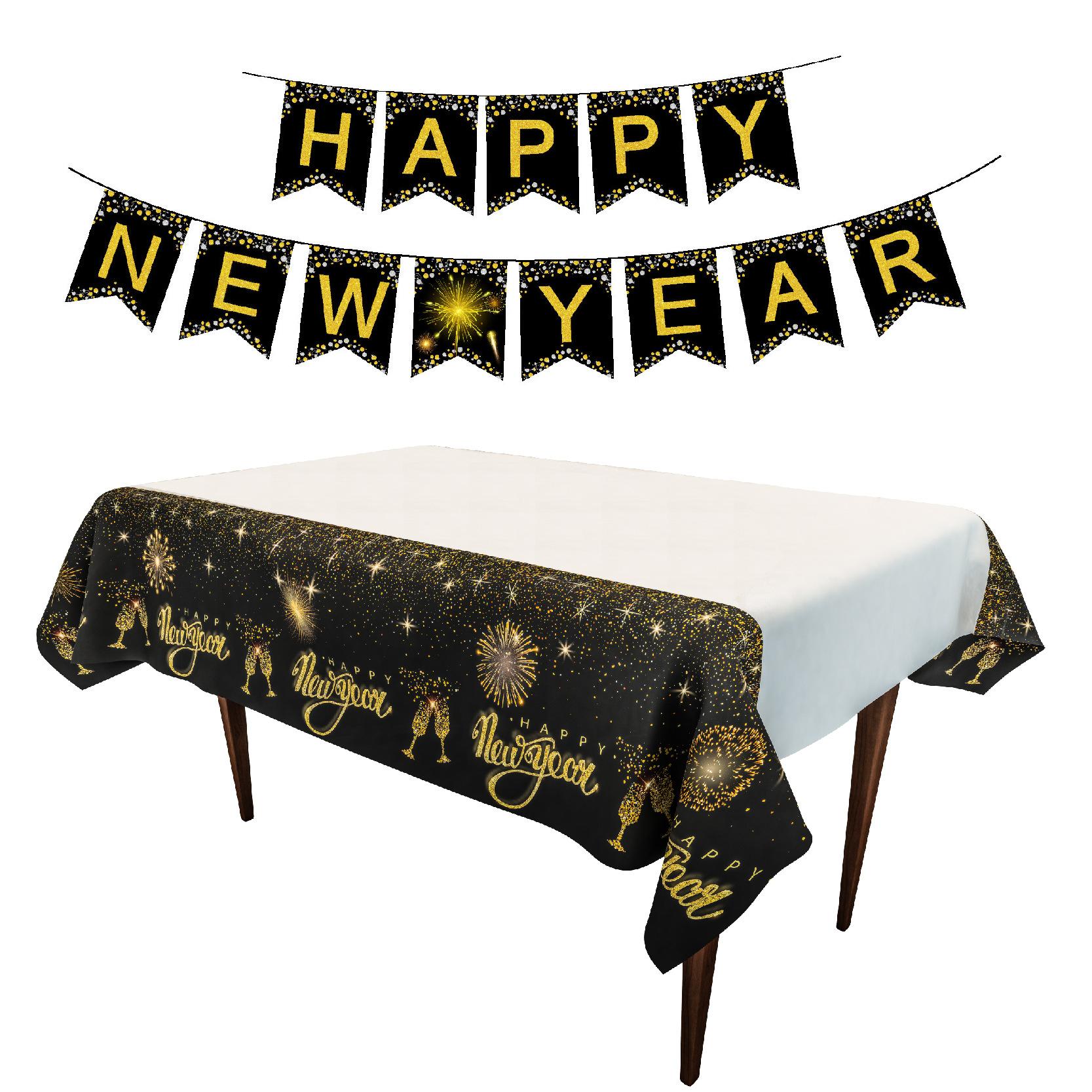black gold happy new year tablecloth disposable pe tablecloth new year decoration