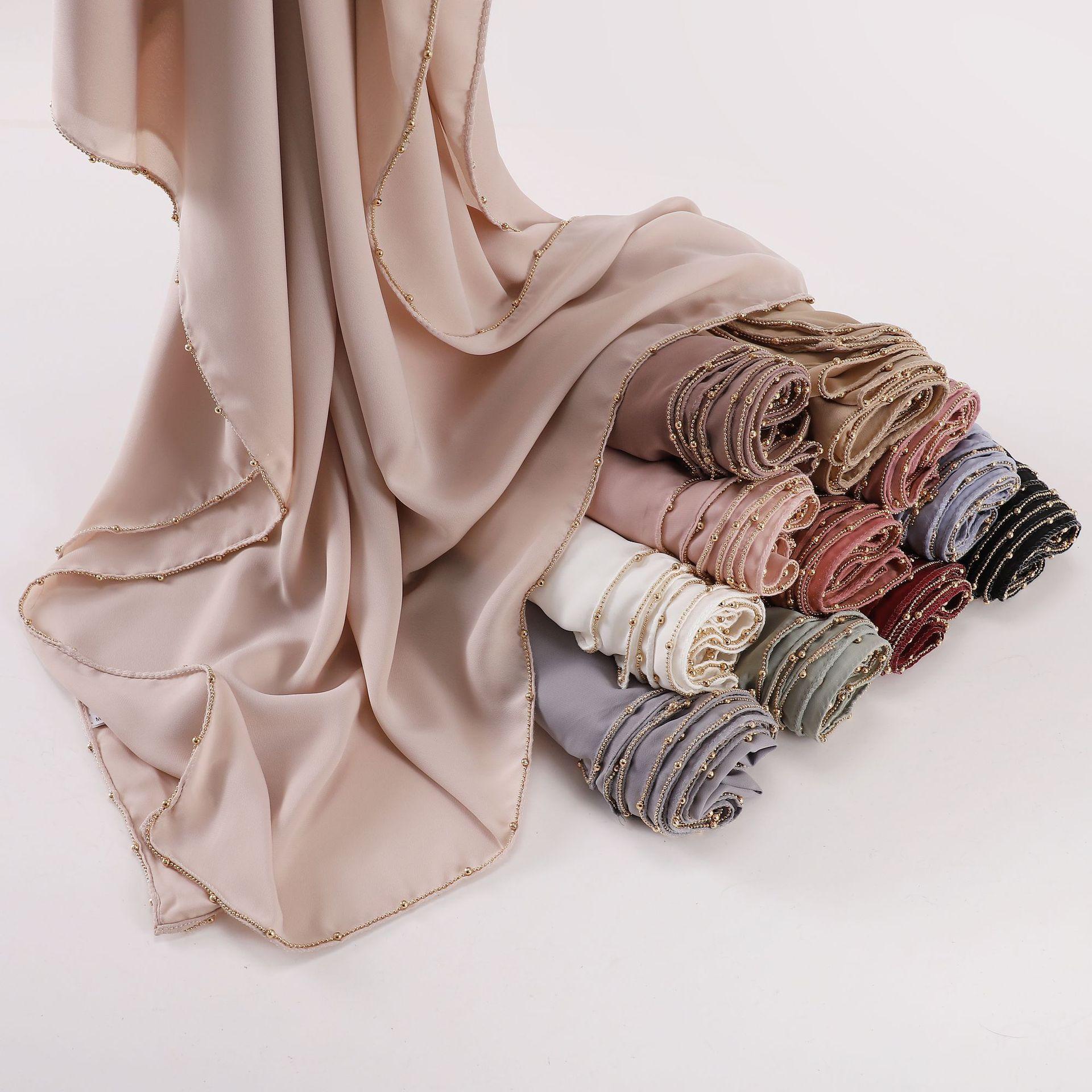 new cross-border pure color silk-like filament broken seam metal chain scarf hui gauze scarf malay scarf hijab
