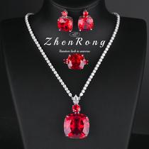 Luxury Full Diamond Artificial Real Pigeons-Blood Ruby Sets of Chain Dress Dinner Earrings Bridal Wedding Jewelry Ring Colored Gems Women