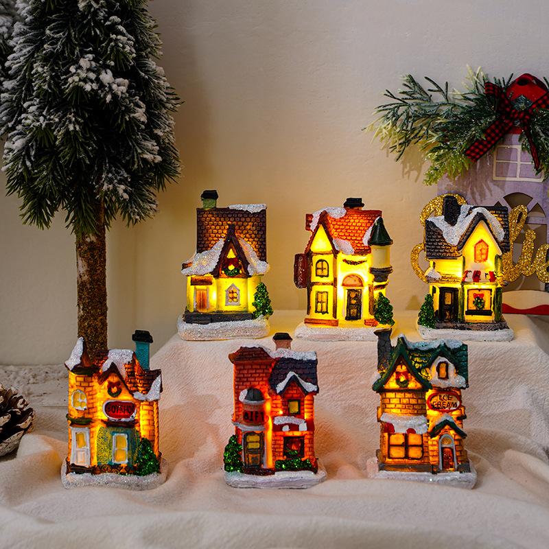 cross-border new arrival christmas decorations resin christmas small house micro landscape glowing snow house decoration christmas gift