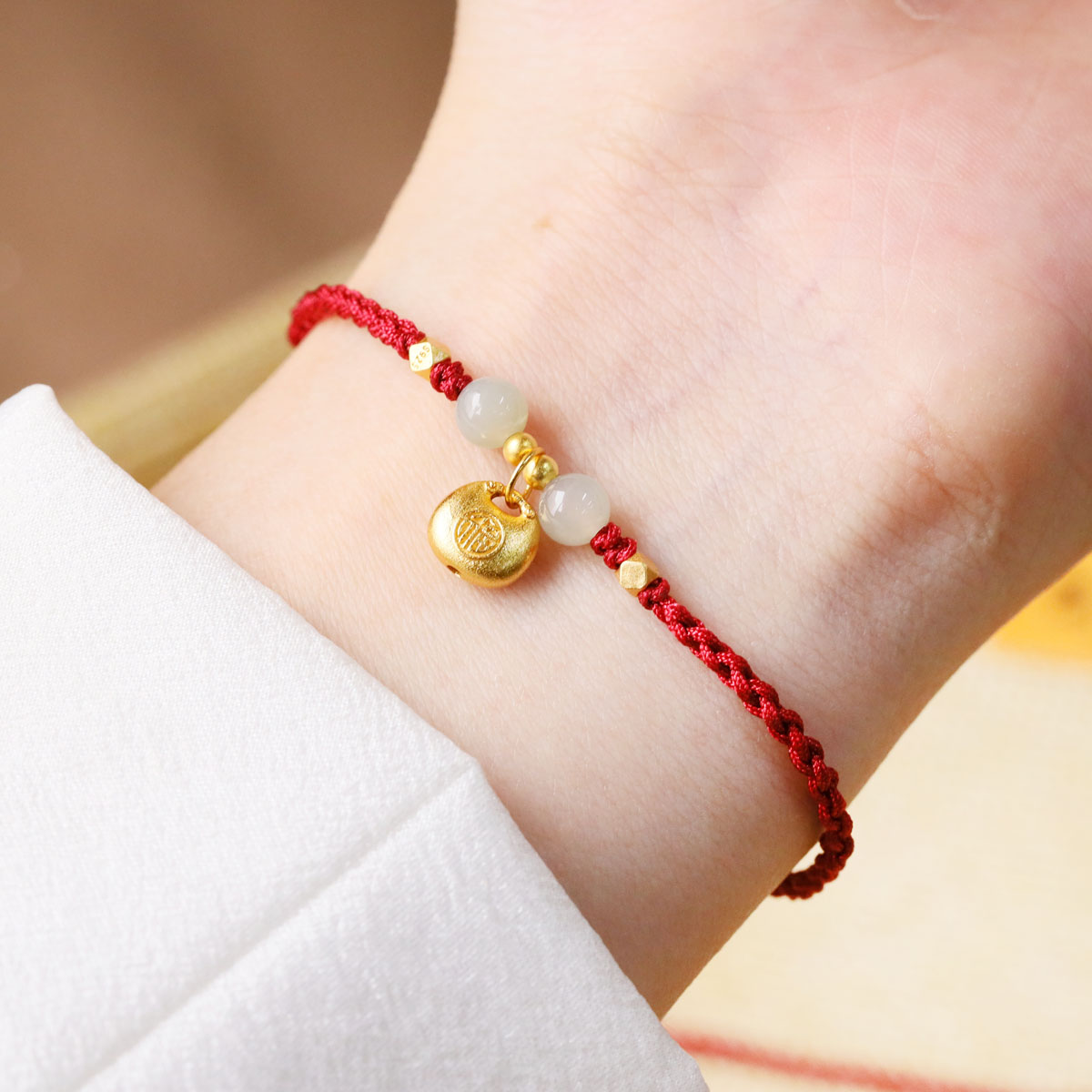 本命年红绳手链女个性复古设计手工编织银镀金福袋手绳