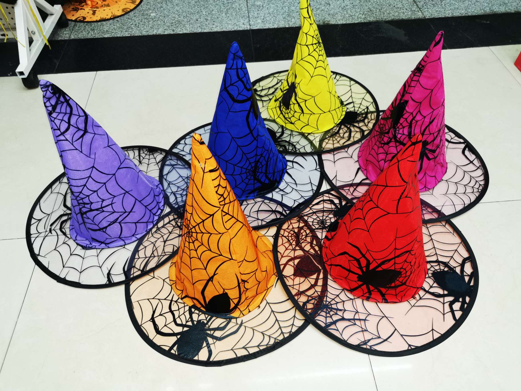 热销万圣节烫黑金大蜘蛛尖双层巫婆尖帽，多色混，成人款细节图