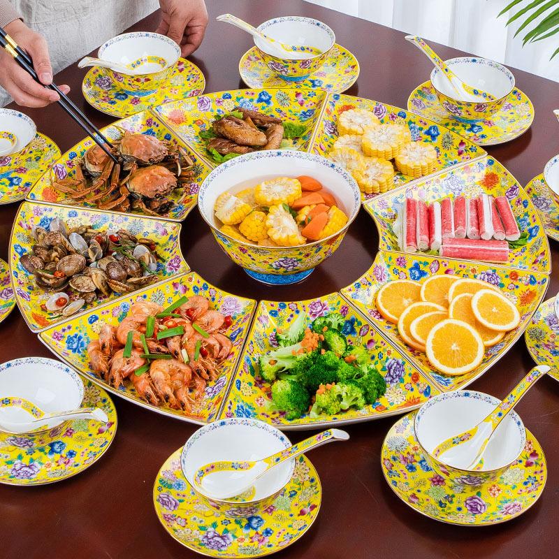 new year's eve dinner family a family reunion dinner platter tableware combination porcelain dinner plate new year round table plate household bowl dishes set