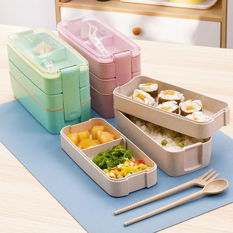 double layer lunch box microwave oven wheat straw belt cutlery bento box office worker fat loss meal light food lunch box