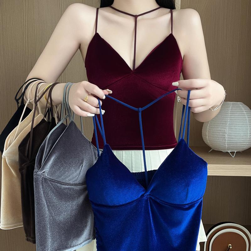 5788# autumn and winter socialite style gold velvet halter camisole western style inner wear wear-free bra sexy pleated beauty