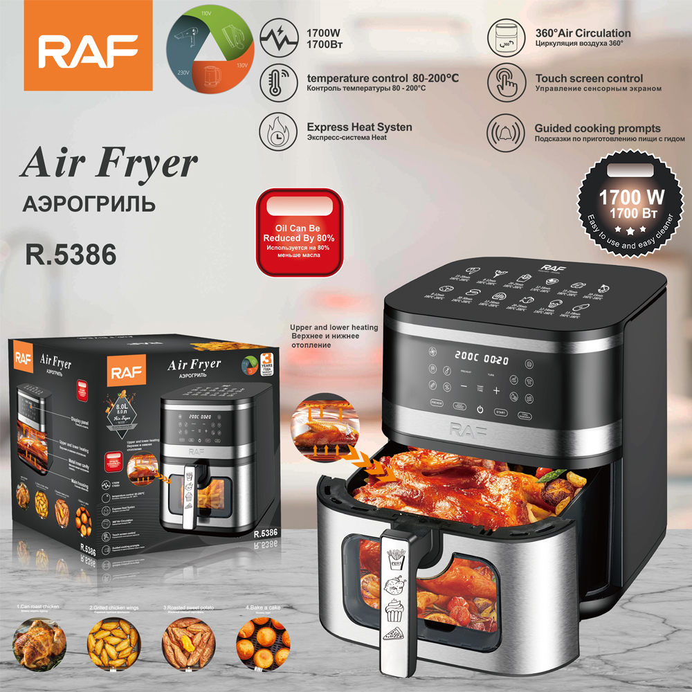 RAF European standard cross-border air fryer, large-capacity multi-functional smart home visual electric fryer, 8L, no smoke