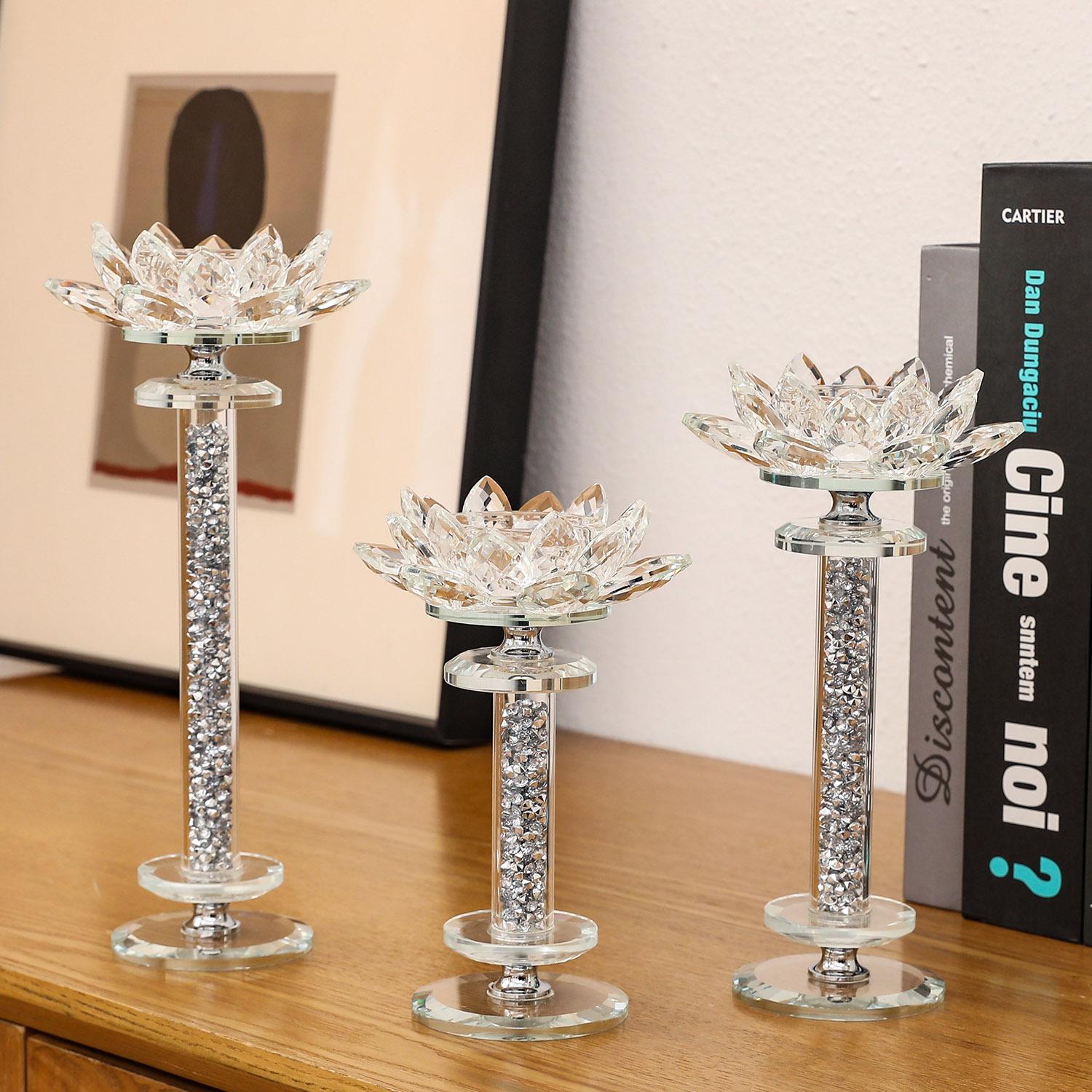 silver lotus candlestick 3-piece set crystal glass small candle holder romantic candlelight dinner props western restaurant candlestick