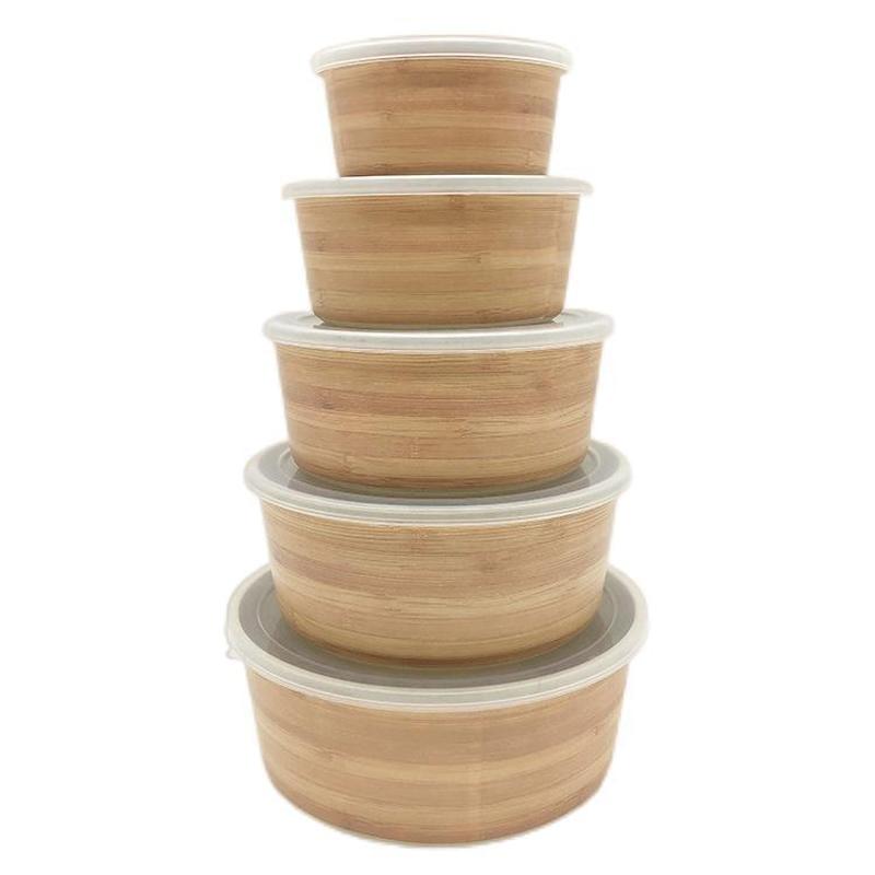 factory customized wood grain bamboo fiber crisper suit freshness bowl bento box sealed round freshness bowl five-piece set