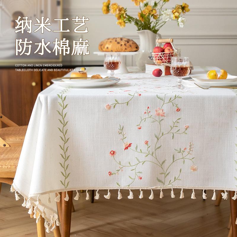 cross-border floral cotton linen fabrics tablecloth fresh european embroidery waterproof tablecloth rectangular coffee table cloth tablecloth