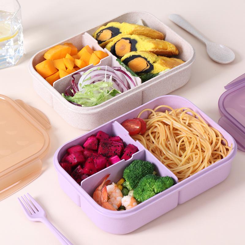 Amazon Wheat Straw Bento Box Compartment Lunch Boxes Microwave Oven Heating Student Portable Bento Box with Spoon