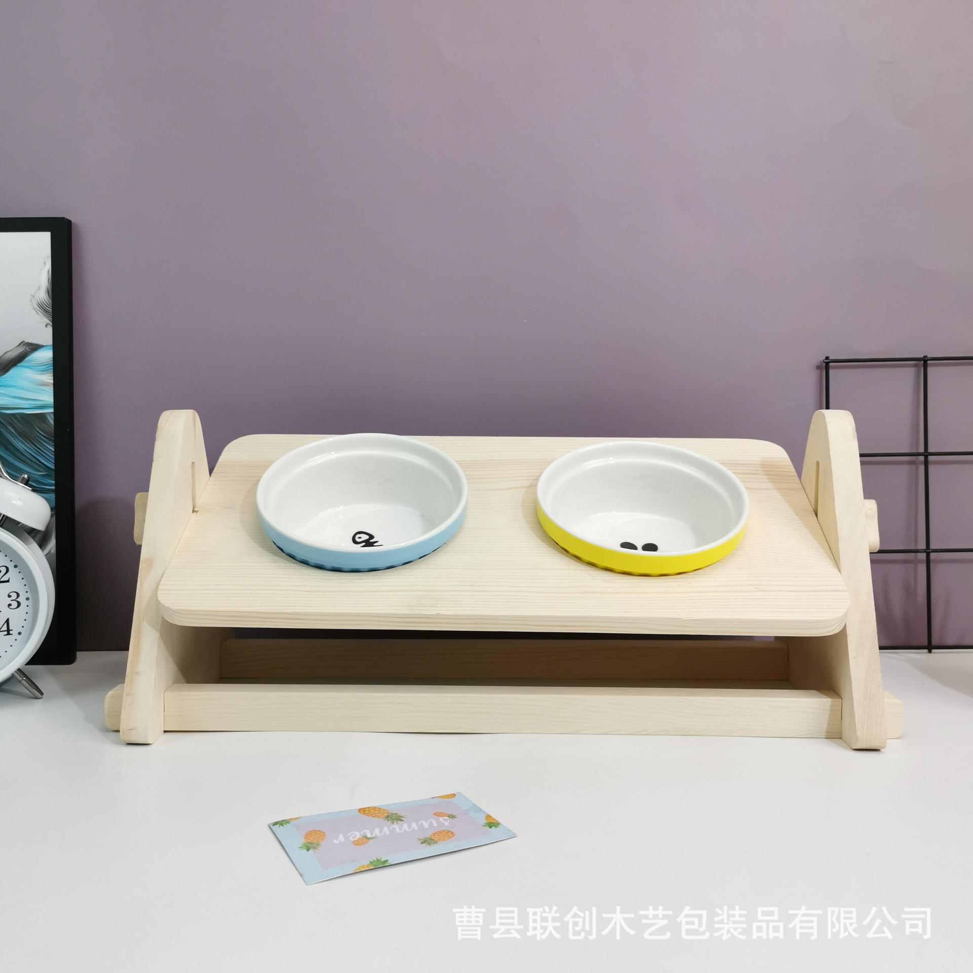 wooden pet bowl rack creative double bowl inclined surface adjustable detachable wooden rack pet feeding bracket