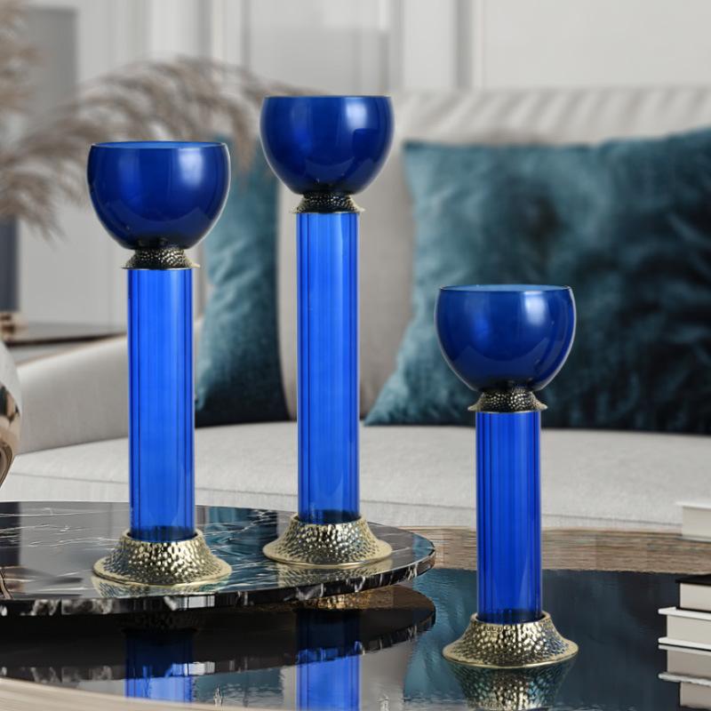 french ins retro roman column blue glass candlestick bed & breakfast room soft decoration candle holder creative home decoration