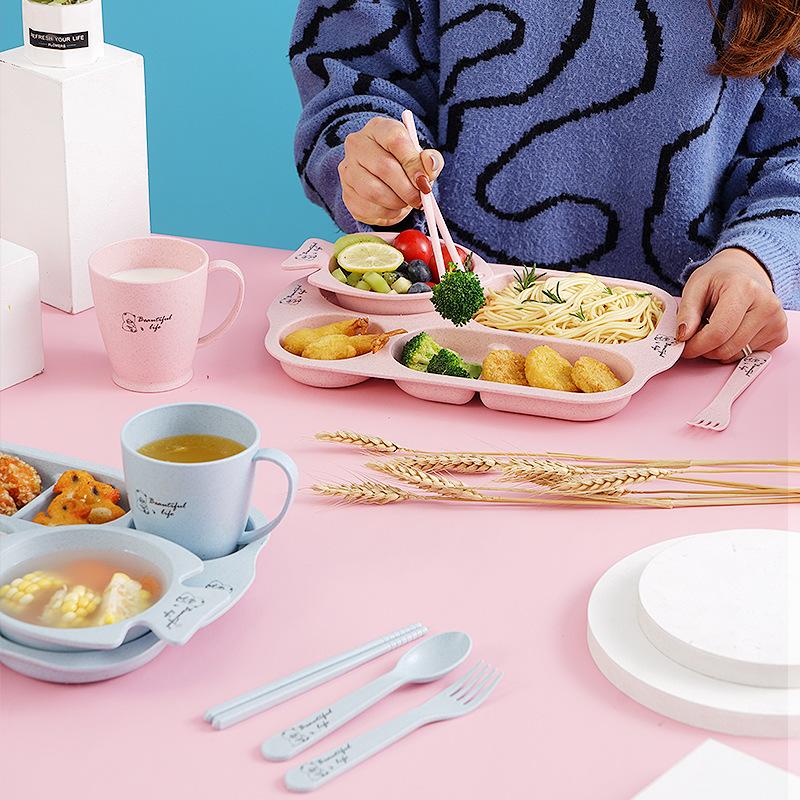 Wheat Straw Children's Dinner Plate Bowl Cup Set Kindergarten Dinner Plate Compartment Dinner Plate Cartoon Baby Anti-Fall Tableware