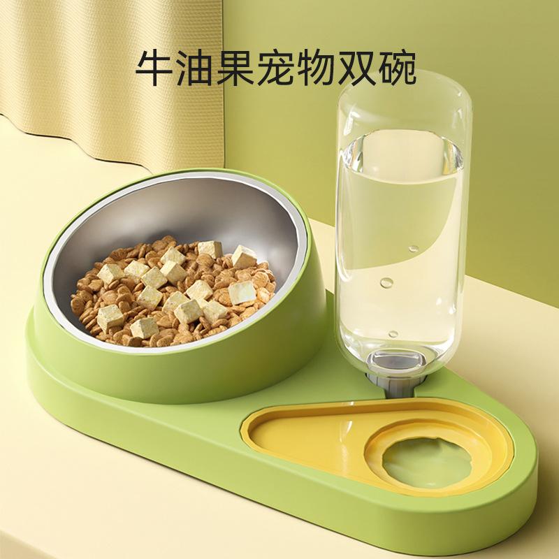 Cat Bowl Double Bowl Automatic Drinking Water Cat Food Holder Stainless Steel Dog Bowl Pet Bowl Neck Protection Oblique Bowl Drinking Water Feeding Integrated
