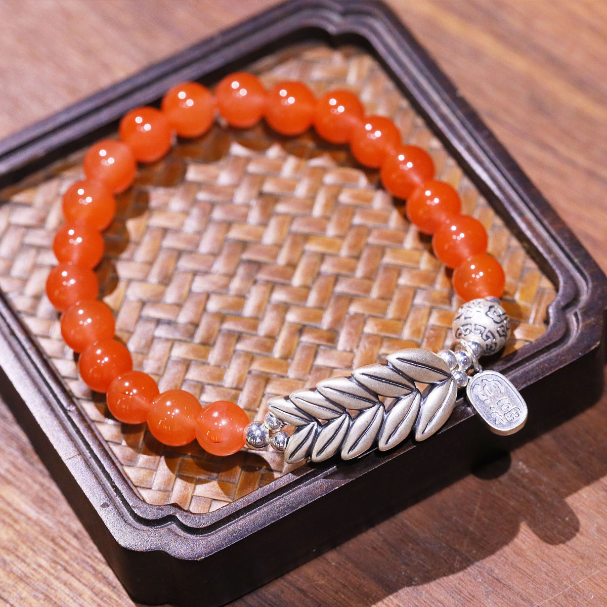 天然南红玛瑙手链女搭足银麦穗复古设计南红玛瑙手串