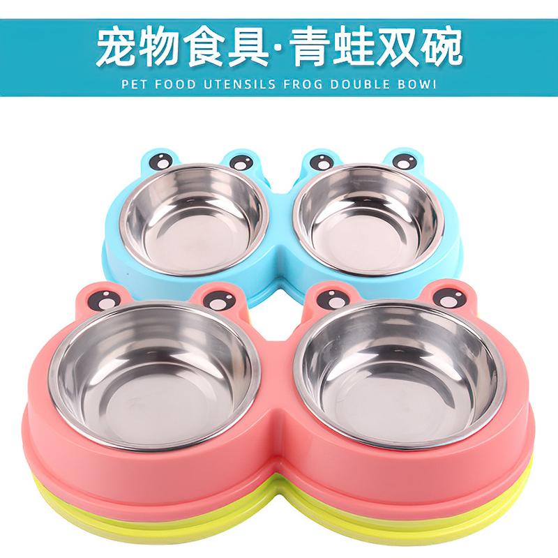 pet bowl plastic cartoon frog double bowl pet stainless steel bowl pet feeder  bowl dog basin pet supplies