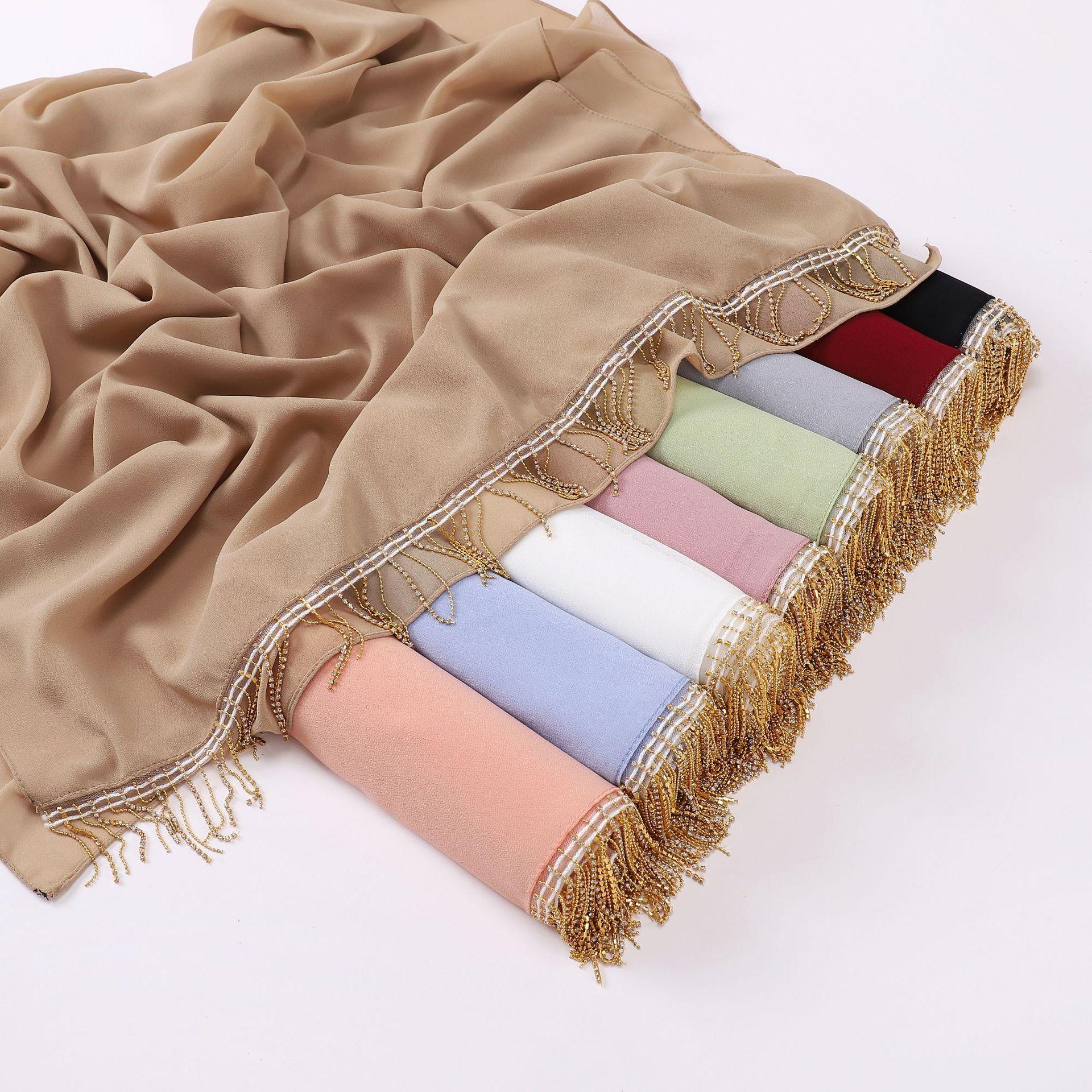 cross-border high quality gold diamond tassel pearl chiffon scarf malaysia scarf middle east scarf female hijab