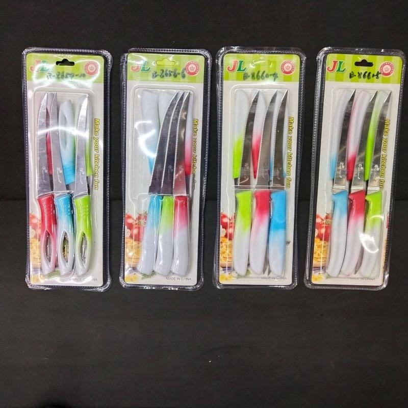 Stainless Steel Color Plastic Handle Tooth Mouth Fruit Knife Set 6pc 12pc Clamshell Packaging Likou Yangjiang Knife