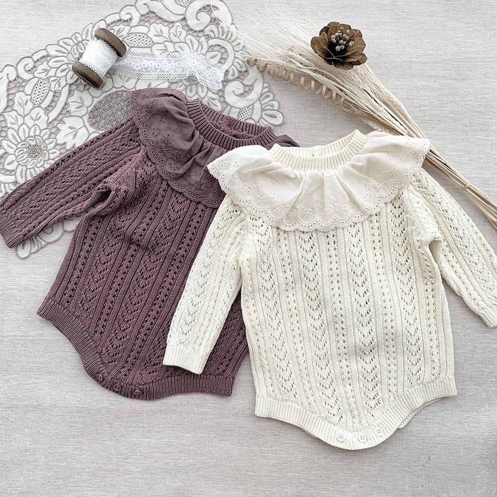 Autumn Infant Sweater Baby Girl Hollow-out Long-Sleeved Cotton Yarn Jumpsuit Romper Romper Outing Clothes Sheath Baby Clothes