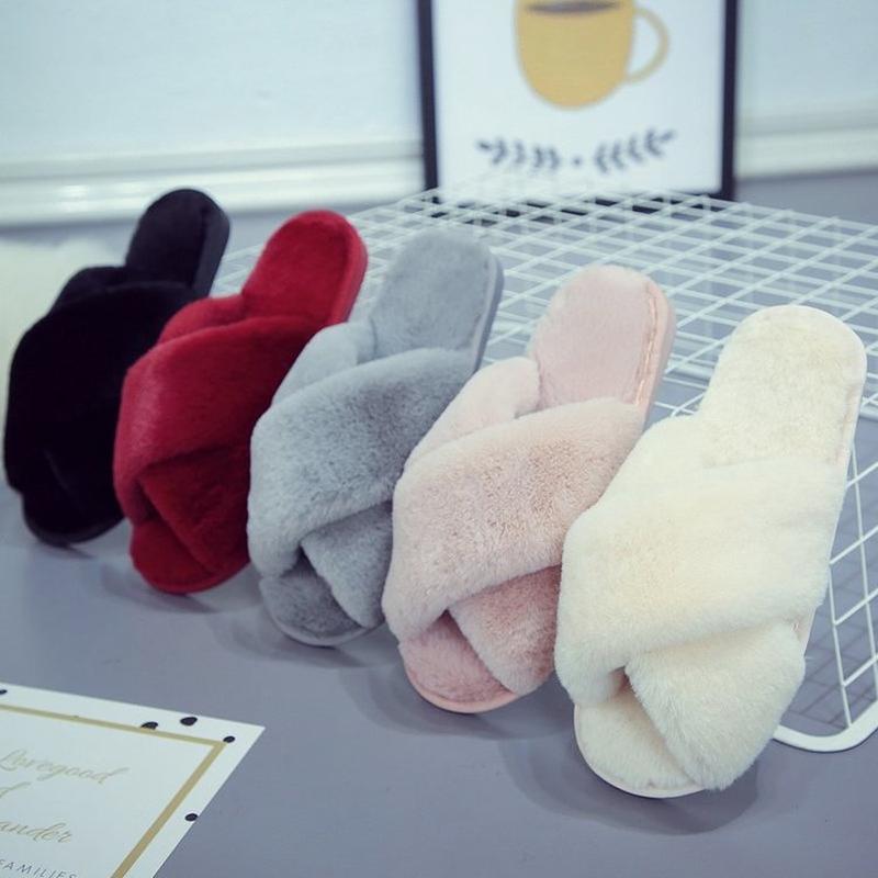 cross fluffy slippers women's winter foreign trade amazon plus size indoor plush flat floor slippers open toe warm cotton slippers