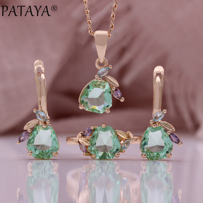 PATAYA Fresh Green Zircon Fashion Earrings and Rings Set 585 Russian rose gold jewelry Cross-border direct supply to Europe and America jewelry set Specification image