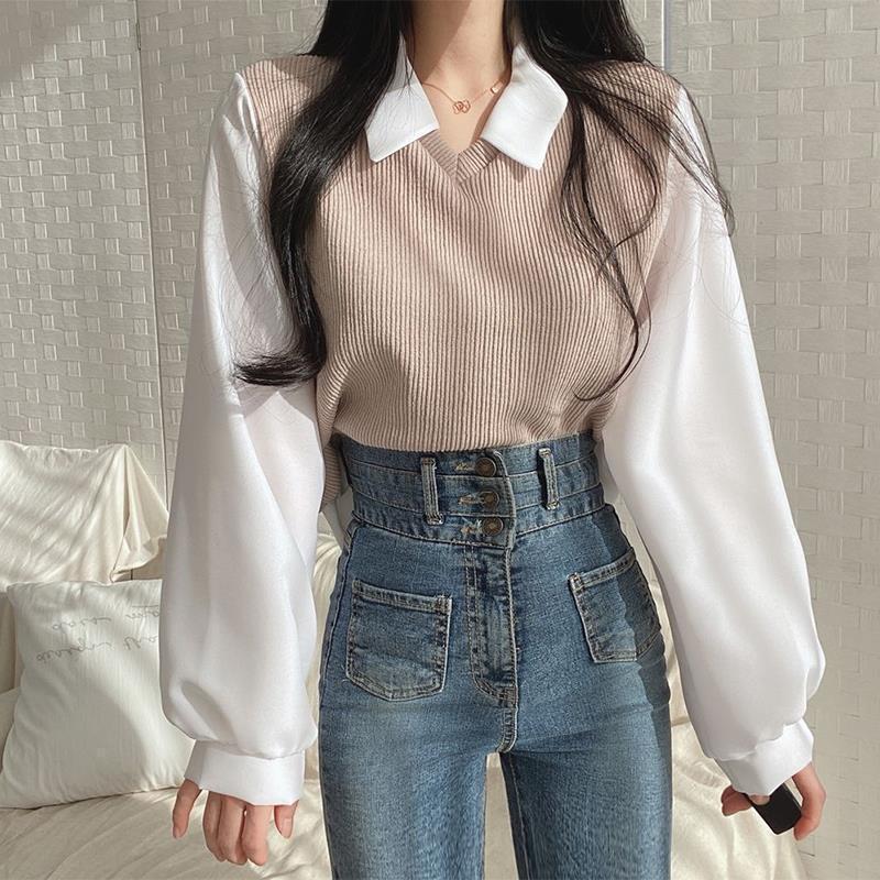 2023 plus size plump girls fake two-piece t-shirts women's stitching collar long-sleeved sweater thread loose all-matching top