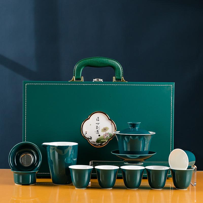 Complete Set of Lidded Bowl Tea Set Suit Green Gift Box Office Household Ceramic Teaware Set Business Teaware Gifts