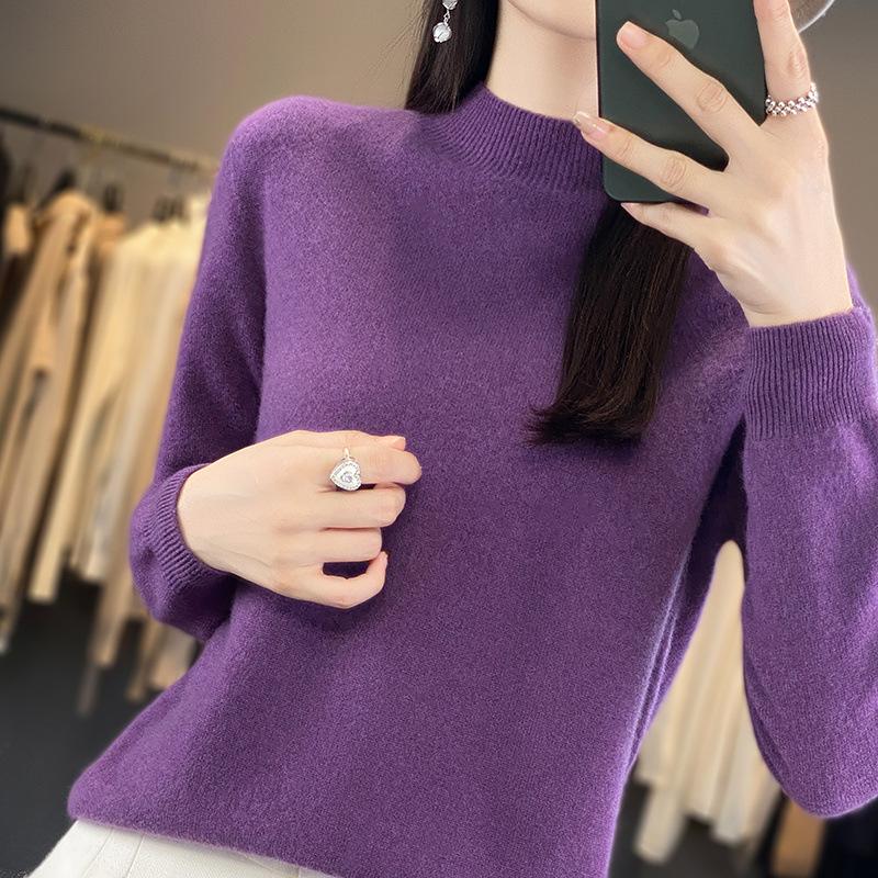 autumn and winter new mock neck sweater women's loose pullover base sweater front line ready-made garments long sleeve 100% woolen sweater