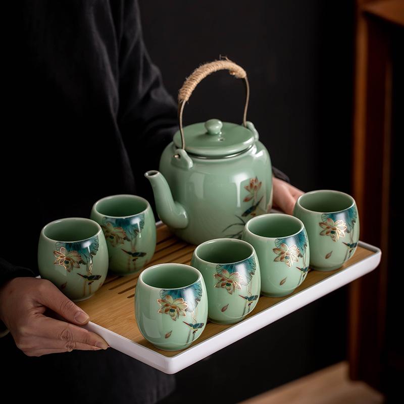 celadon large capacity loop-handled teapot tea set household cold water teapot anti-scald chinese kung fu tea set six cups per pot