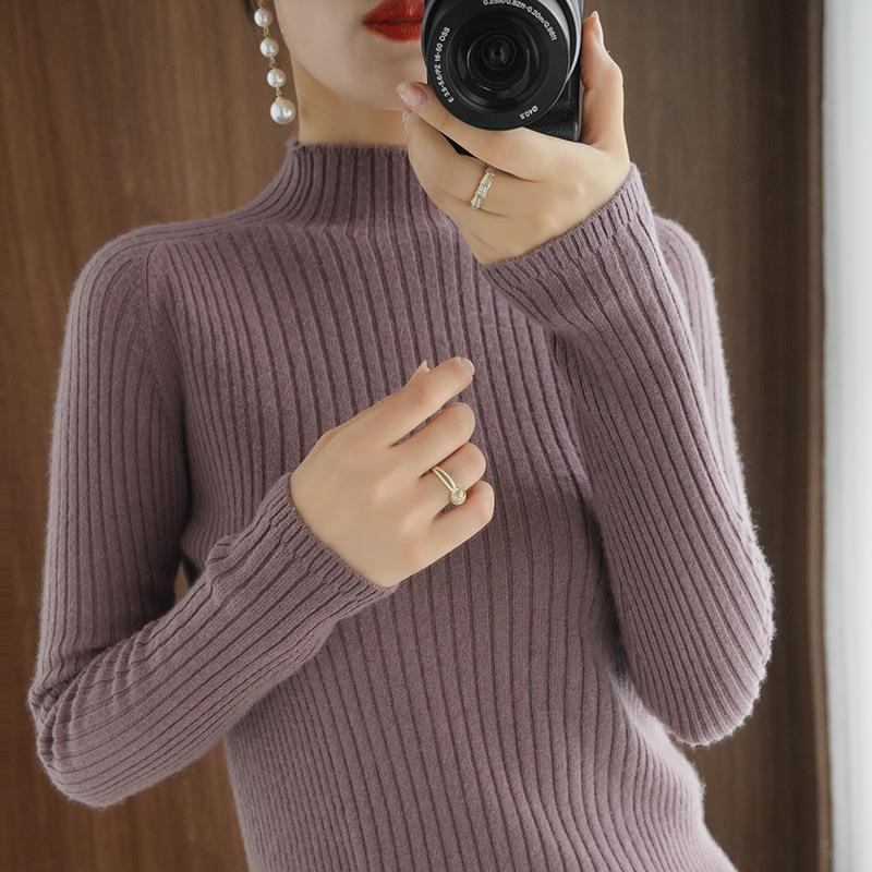 striped mock neck sweater women's 2023 new fall and winter inner wear knitted bottoming shirt women's slim-fit short sweater women
