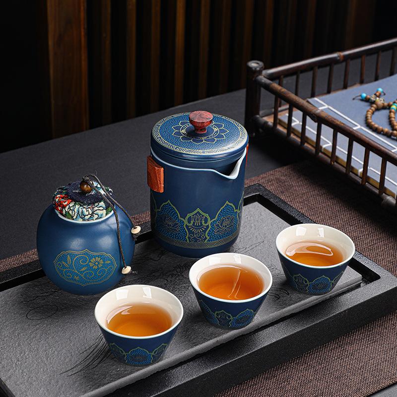 travel tea set portable tea set suit wholesale gift ceramic quick cup 1 pot 3 cups tea pot leather bag hand gift