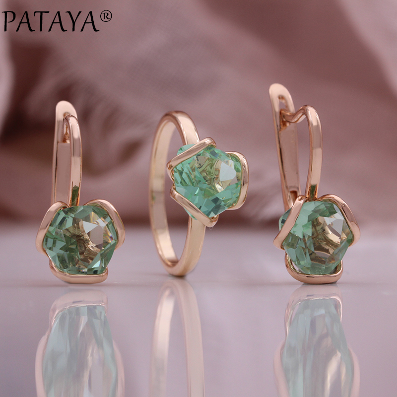 PATAYA Fresh Green zircon fashion Earrings and Rings set 585 Russian rose gold jewelry Cross-border direct supply to Europe and America jewelry set Item Picture
