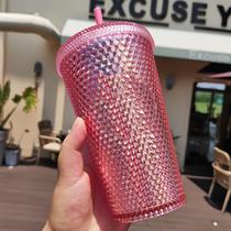 amazon trending creative diamond plastic cup multi-specification optional solid color cup with straw double layer tie hand durian cup