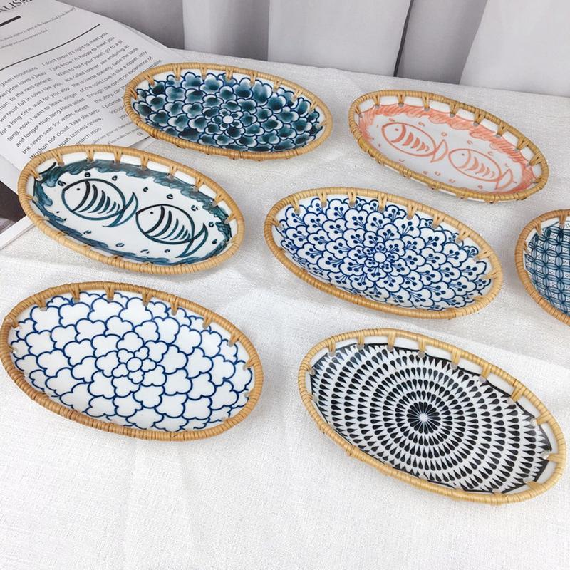 vietnam rattan ceramic combination oval dessert fruit plate snack snack fruit dried fruit painted ceramic plate