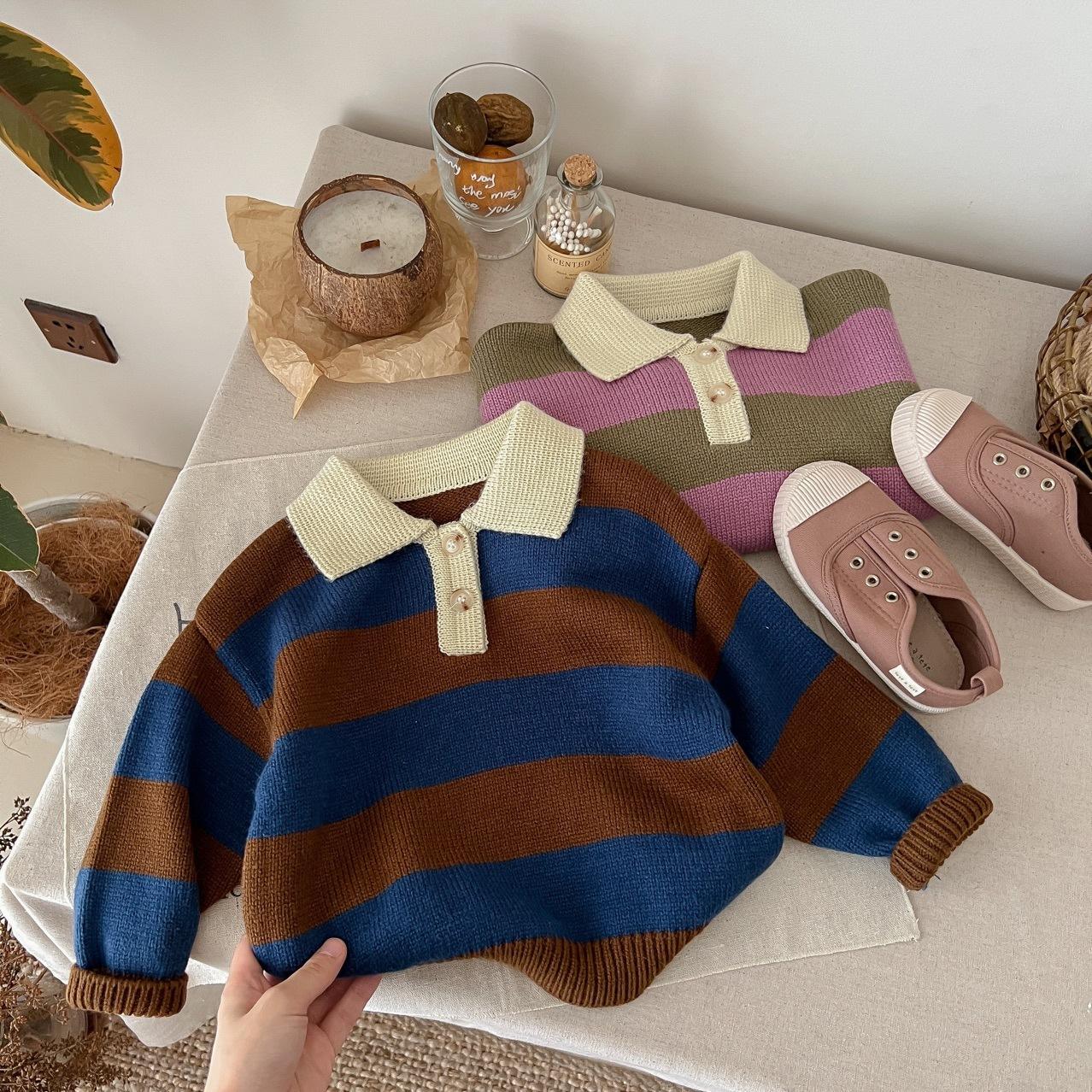 mihado korean style kids' sweater boy's knitted sweater girls' coat baby striped lapel shirt spring and autumn