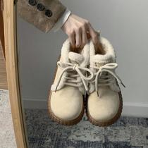 white lace-up warm non-slip platform snow boots women's winter fleece-lined thickened 2023 new outdoor cotton shoes