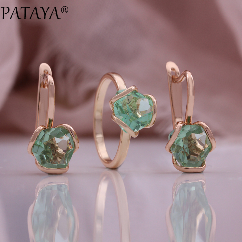 PATAYA Fresh Green zircon fashion Earrings and Rings set 585 Russian rose gold jewelry Cross-border direct supply to Europe and America jewelry set