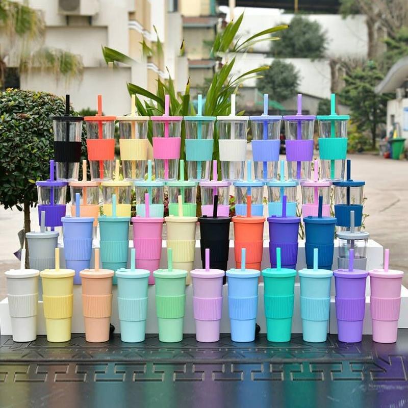 2022 new large capacity double-layer plastic cup large hole straw pearl boba milk tea cup portable outdoor straw cup