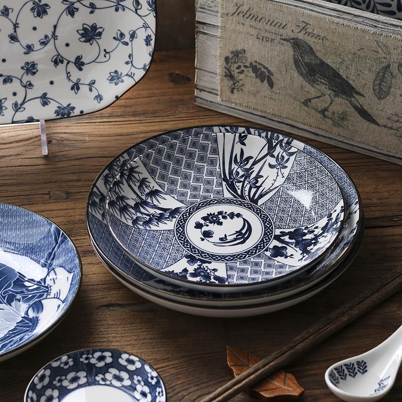 japanese-style vintage ceramic plate household dinner plate deep plates creative fish plate blue and white porcelain plate japanese style tableware suit