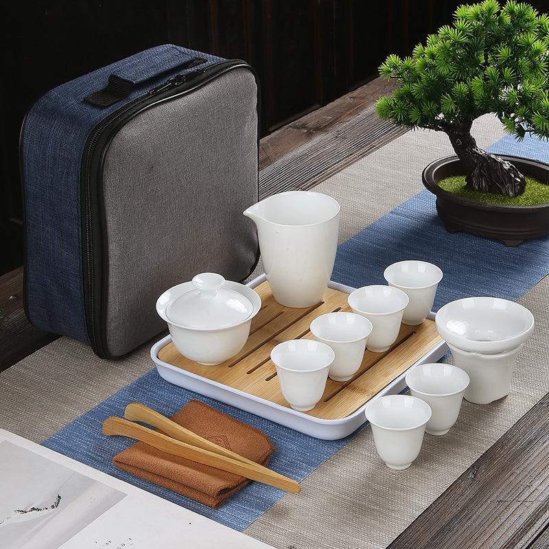 White Ceramic Lidded Bowl Sets Dehua Ceramic Travel Tea Set Kung Fu Tea Set White Jade Handmade Home Business Travel Bag