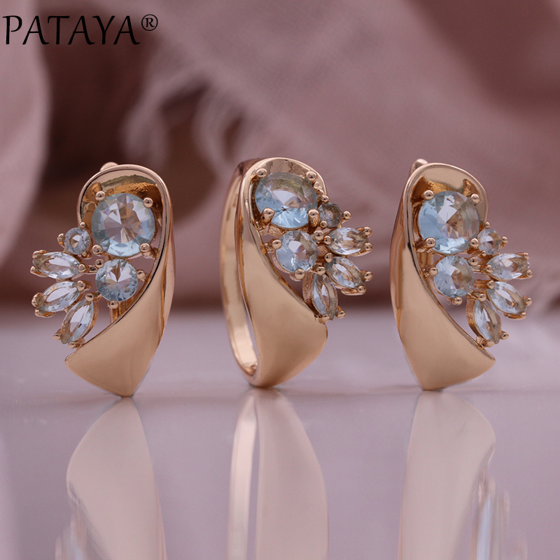 PATAYA Blue Microwax inlaid zircon Fashion Earrings and Rings Set 585 Russian rose Gold jewelry Cross-border Direct supply to Europe and America jewelry set