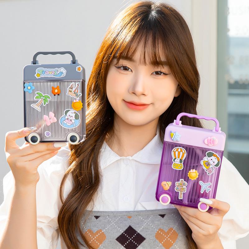 outdoor cartoon creative cup special-shaped suitcase luggage cup with straw 3d sticker suitcase straw plastic cup