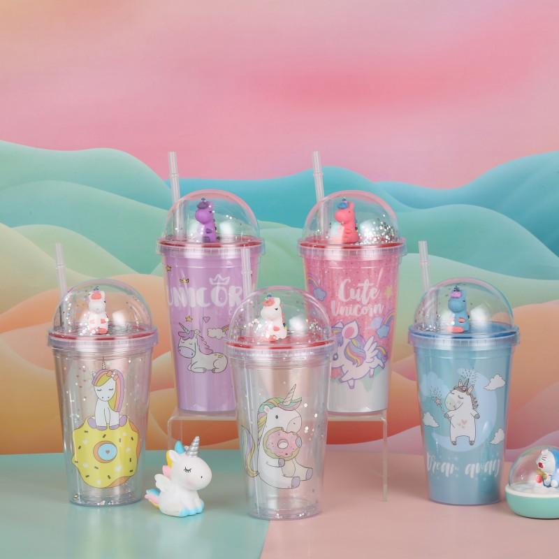 y182 new creative unicorn double-layer plastic cup popular portable summer ice glass student cartoon gift cup