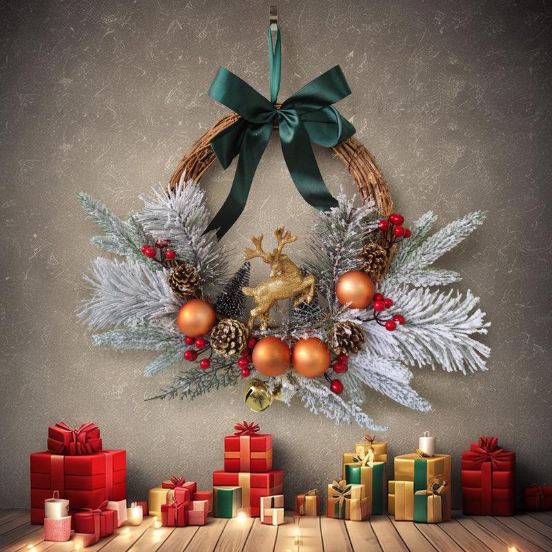 new christmas wreath christmas deer flocking garland christmas ball pine cone decoration wall hanging decoration door hanging